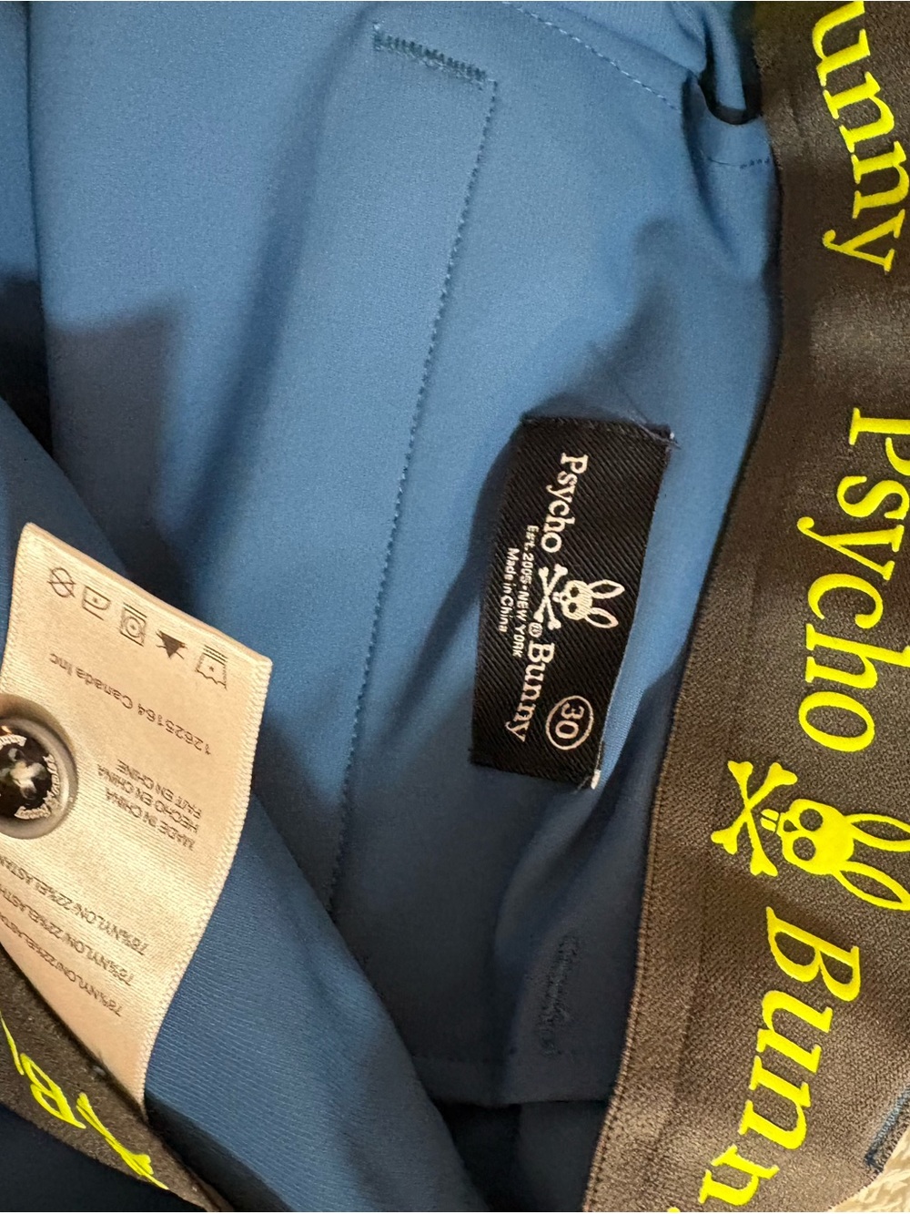 Psycho Bunny Blue Athletic Shorts with Black Branded Waistband and Yellow Logo